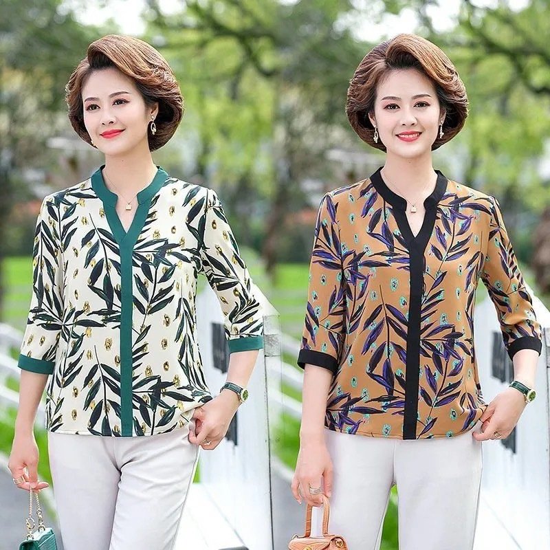 Áo sơ mi hoa nữ Áo sơ mi trung niên cổ V trẻ trung