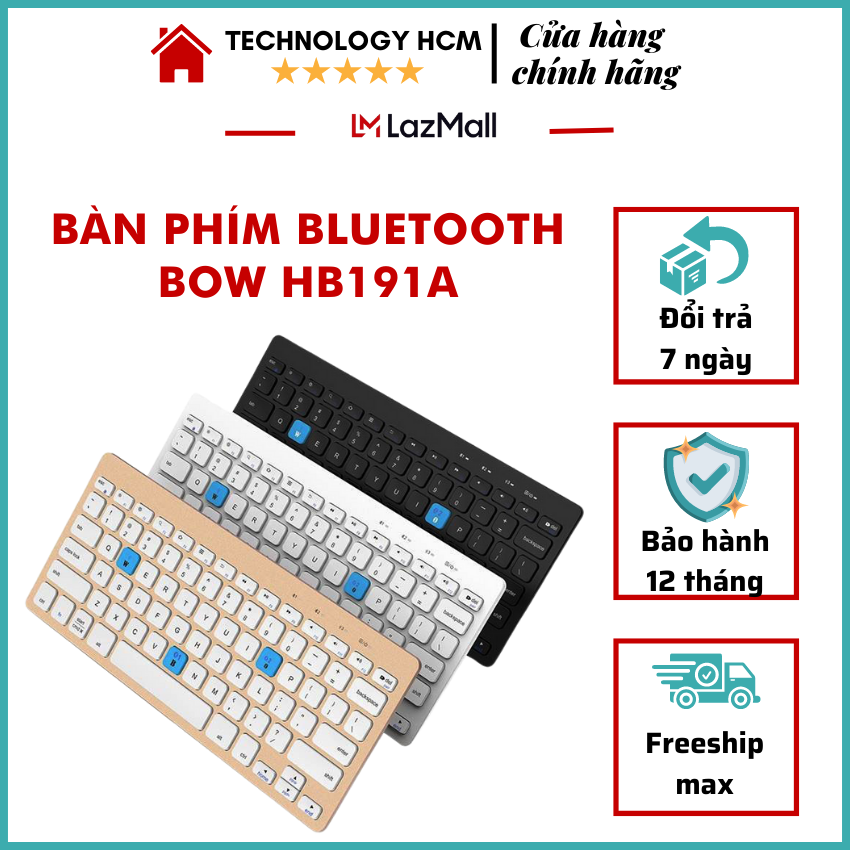 Bàn phím trắng, bàn phím bluetooth, bàn phím bow - bàn phím bluetooth bow hb191a , hỗ trợ kết nối 3 thiết bị cùng lúc, phím bấm nảy và êm ái - bảo hành 12 tháng