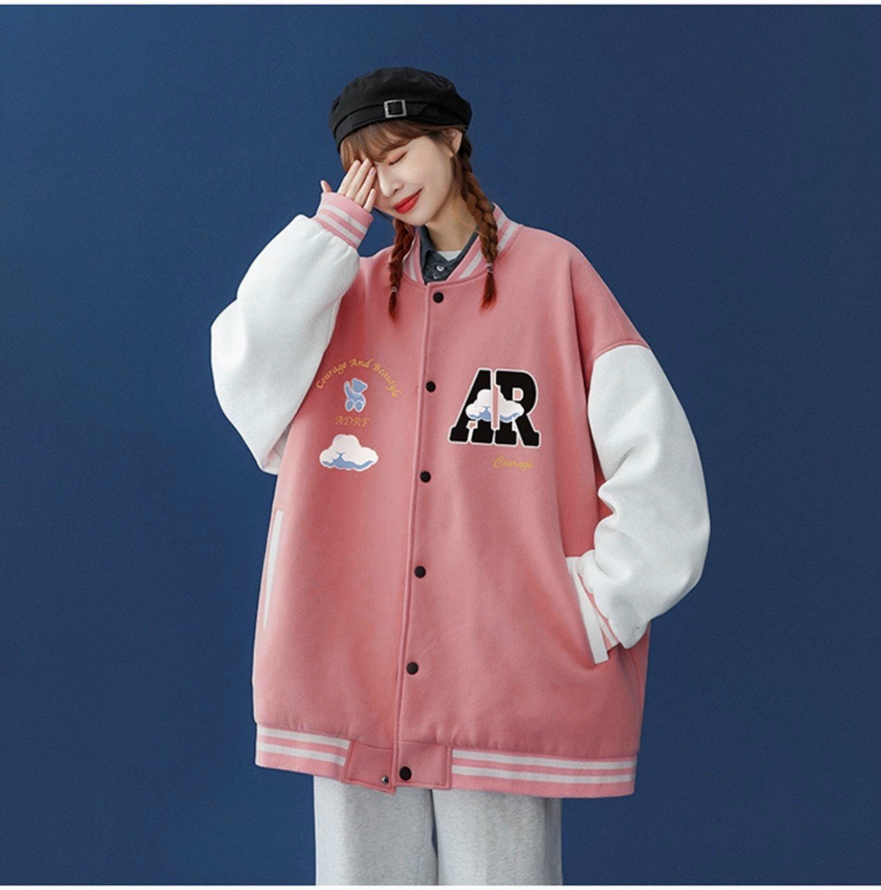 Áo khoác Bomber CUN2170 Áo bomber nam nữ chữ AR nỉ bông, nam nữ vải dày ấm áp kute dễ thương hàn quốc