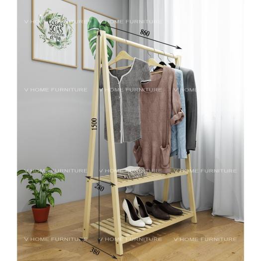 Giá Treo Quần Áo Gỗ Chữ A 2 Tầng gỗ Thông nhập khẩu Kiểu Dáng Tinh Tế; Kích Thước 160x74x36CM, Kệ Treo Quần Áo Hàn Quốc Decor Phòng Ngủ; - Vin House 86.