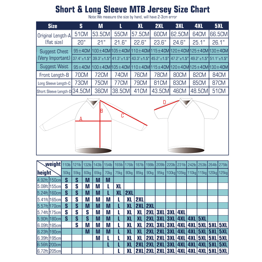 size chart of short sleeves MTB jersey