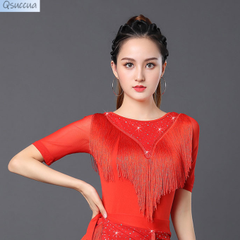 Square Dance Dress Dance Training Latin Dance Dress New Summer Tassels Short Sleeve Shape Modern Dance Top Female
