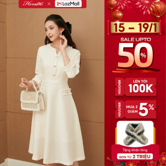 Đầm nữ HeraDG dáng xòe thiết kế tay lỡ, rút tua đơn giản tinh tế, chất dạ tweed cao cấp WDPBB3039
