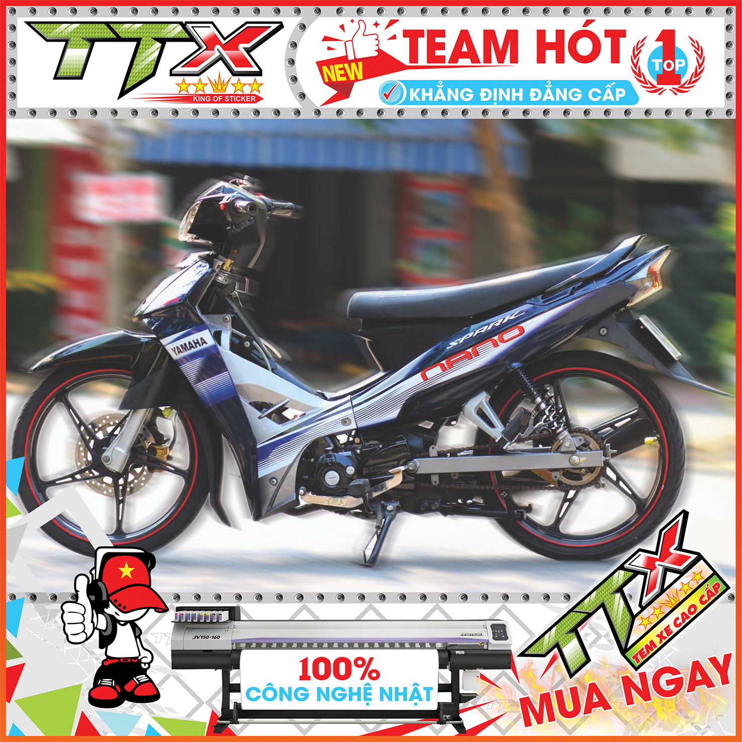 Tem chế sirius nano trắng xanh , Team rời sirius nano spack dán xe màu xanh trắng đen đẹp , Shop Tem sirius