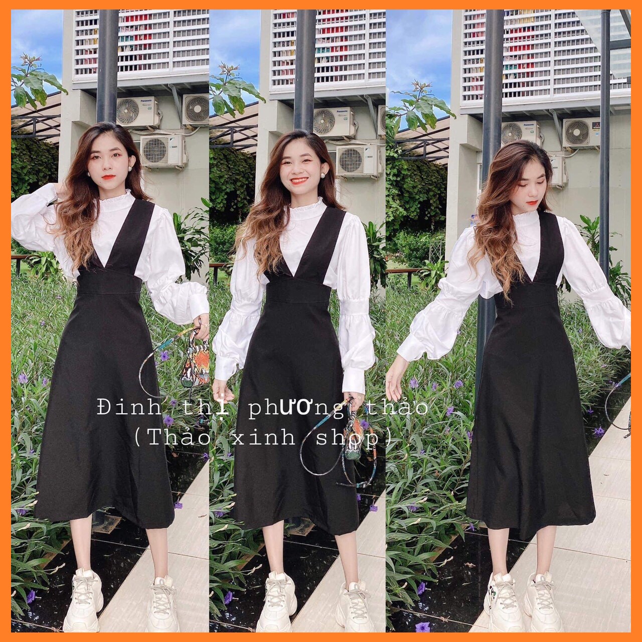 Set váy yếm tiểu thư kèm áo tay bồng, cổ viền bèo siêu xinh ảnh THẬT