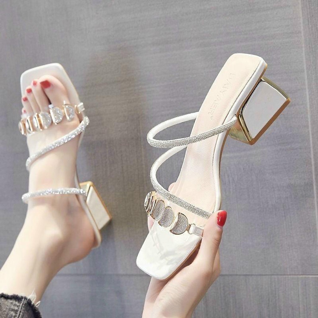 Guốc cao gót đế vuông nữ 5cm cao cấp, Guốc nữ cao gót đính đá quai mảnh xinh xắn