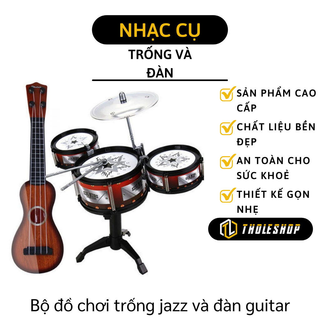 Bộ 3 trống sôi động- Bộ đồ chơi trống jazz và đàn guitar cho bé, bộ nhạc cụ đồ chơi cho bé phát triển năng khiếu âm nhạc