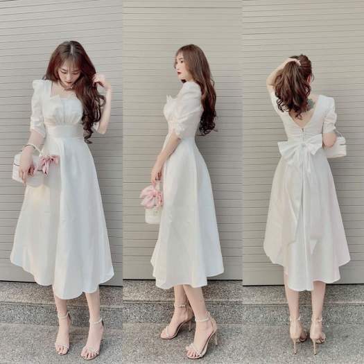 Váy dự tiệc trắng nơ to trước ngực - Dương Fashion
