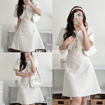 Set Đầm gấm trắng 2 dây dáng xòe chữ A kèm áo cardigan thắt nơ tiểu thư- váy nữ chất gấm xốp hoa nổi sang chảnh2022, đầm nữ midi dáng xòe dễ thương dự tiệc đi chơi- đầm tết, đầm babydoll nữ  đi đám cưới hàn quốc,AMELIA