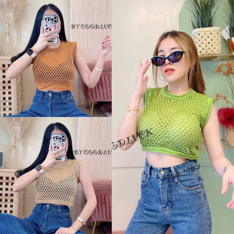 🌈SpinnyHouse🌈 มินิครอปท็อป ⛱CROPTOP เสื้อซีทรู สิคะรอไร‼️ทอลายฉลุรังผึ้ง เอวลอยคอกลมแขนกุด ดีเซล C103C ราคา 136 บาท*ส่งฟรี