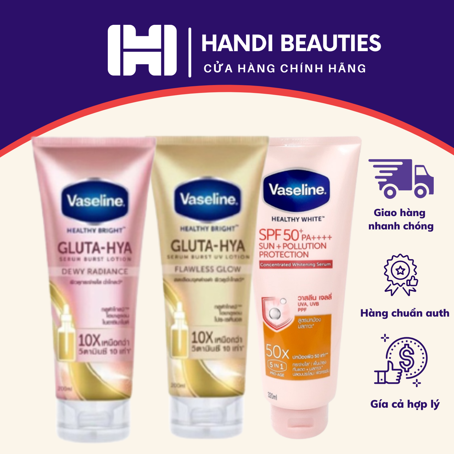 Sữa dưỡng thể vaseline healthy bright gluta hya serum 10x, 50x 320ml