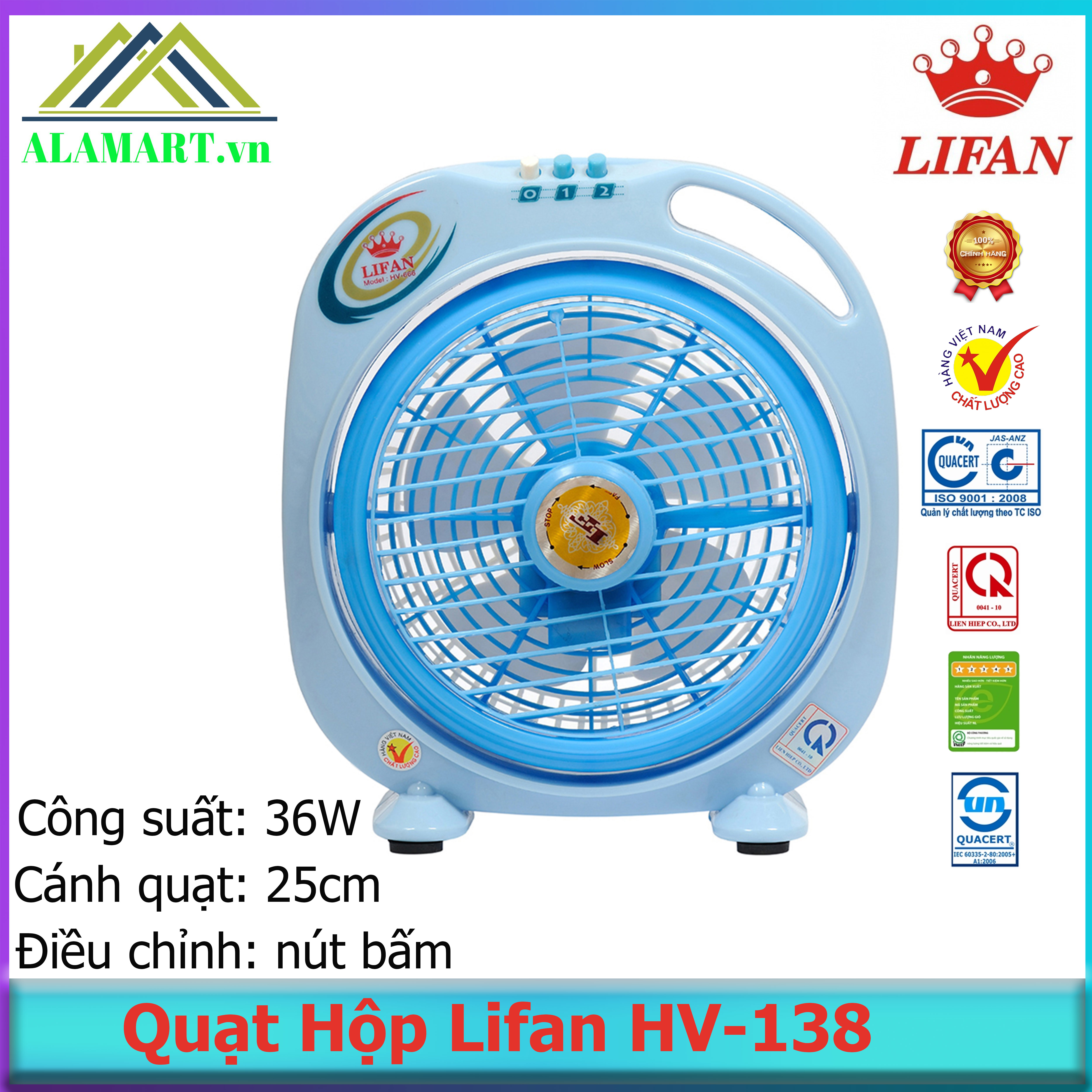 Quạt hộp lifan hv-138 36w mát êm dịu, công suất 36w, tự động chuyển hướng