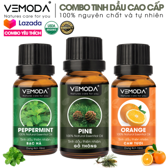 Tinh dầu xông phòng cao cấp gồm 3 chai tinh dầu nguyên chất: tinh dầu Bạc hà (10ml) + tinh dầu Gỗ thông (10ml) + tinh dầu Cam tươi (10ml) Vemoda