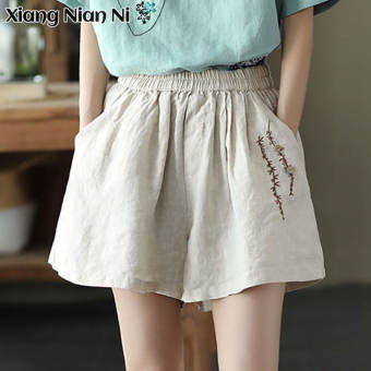 XIANG NIAN NI Quần Đùi Nữ Quần Đùi Ống Rộng Vải Lanh Cotton Cổ Điển Nguyên Chất Quần Ống Rộng Cạp Cao Cho Nữ Quần Cắt Gấu Thường Ngày Vải Lanh