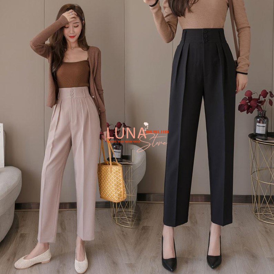 Quần baggy 3 khuy nữ xếp ly ống đứng,