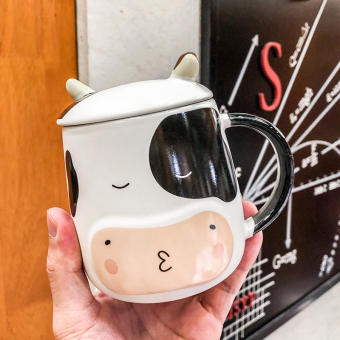 Cốc sứ Vịt Vàng, Bò sữa có nắp có thìa - Cốc uống nước họa tiết Vịt nắp hoa thìa dễ thương - quà tặng văn phòng