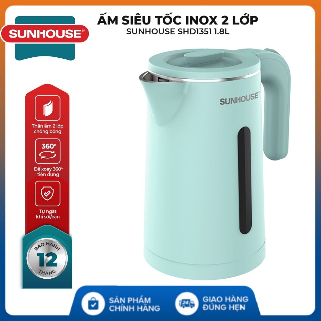 Bình đun nước siêu tốc Sunhouse chính hãng SHD1351 - Ấm siêu tốc inox 2 lớp, dung tích 1,8 lit , bảo hành 12 tháng