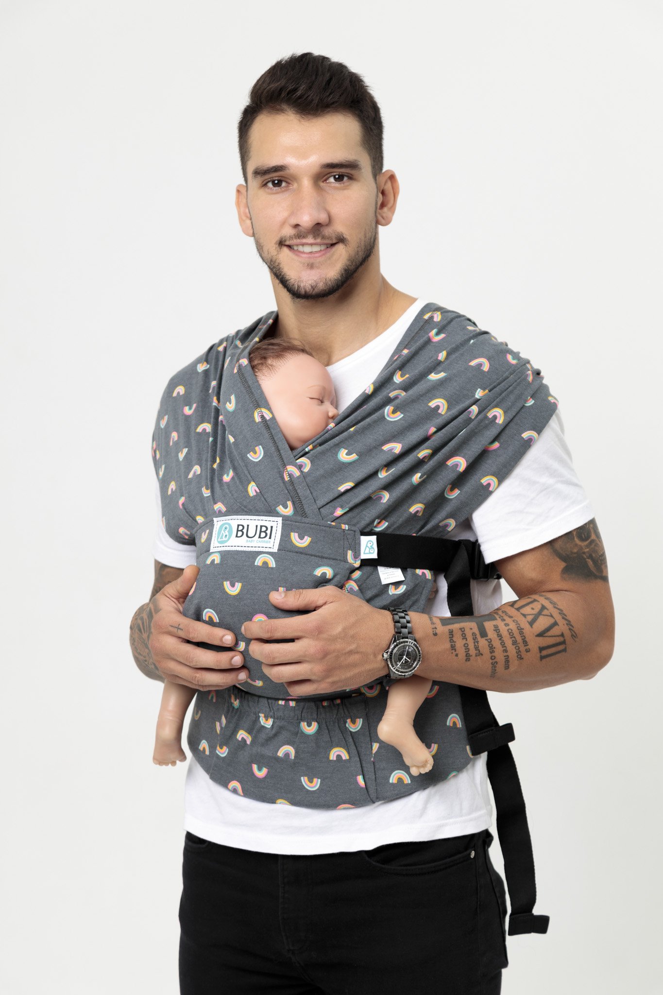 Địu vải bubi gen 3 - 100% cotton - xám cầu vồng