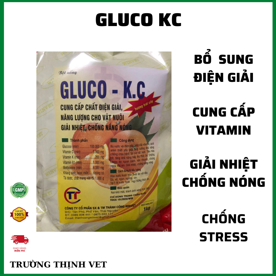 Gluco KC gói 1kg (có 5 gói 200g) Bù nước điện giải bổ sung Vitamin cho trâu bò lợn gà vịt chó mèo…[thú y]