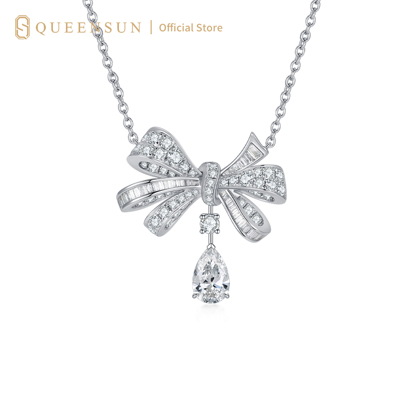 18k Gold Lab Diamond Bow & Pear Drop Pendant Necklace | Lab Diamond Pear Shaped Drop Necklace | Full Diamond Bow Jewelry | Minimalist Luxury Necklaces | Daily Wear Sparkling Pendant | 18K金培育钻石吊坠满钻蝴蝶结水滴钻项链