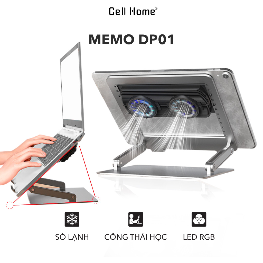 Giá đỡ laptop kiêm đế tản nhiệt sò lạnh có thể tháo rời cho Laptop Tablets gấp gọn có quạt tản nhiệt đôi MEMO DP01