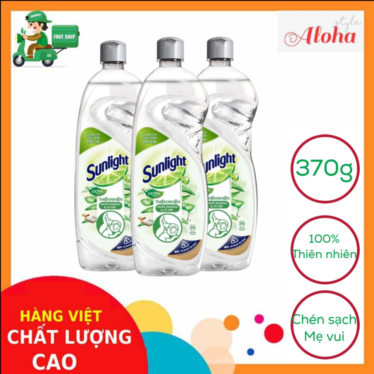 Combo 3 chai nước rửa chén sunlight thiên nhiên muối khoáng và lô hội 370g-nước rửa chén cho trẻ em- aloha store