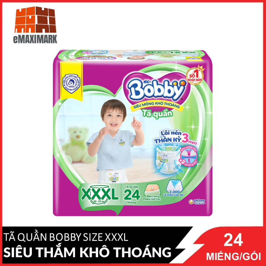 [HCM ship 2h] Tã Quần Bobby - Đệm Lưng Thấm Mồ Hôi XXXL24 (24 Miếng)