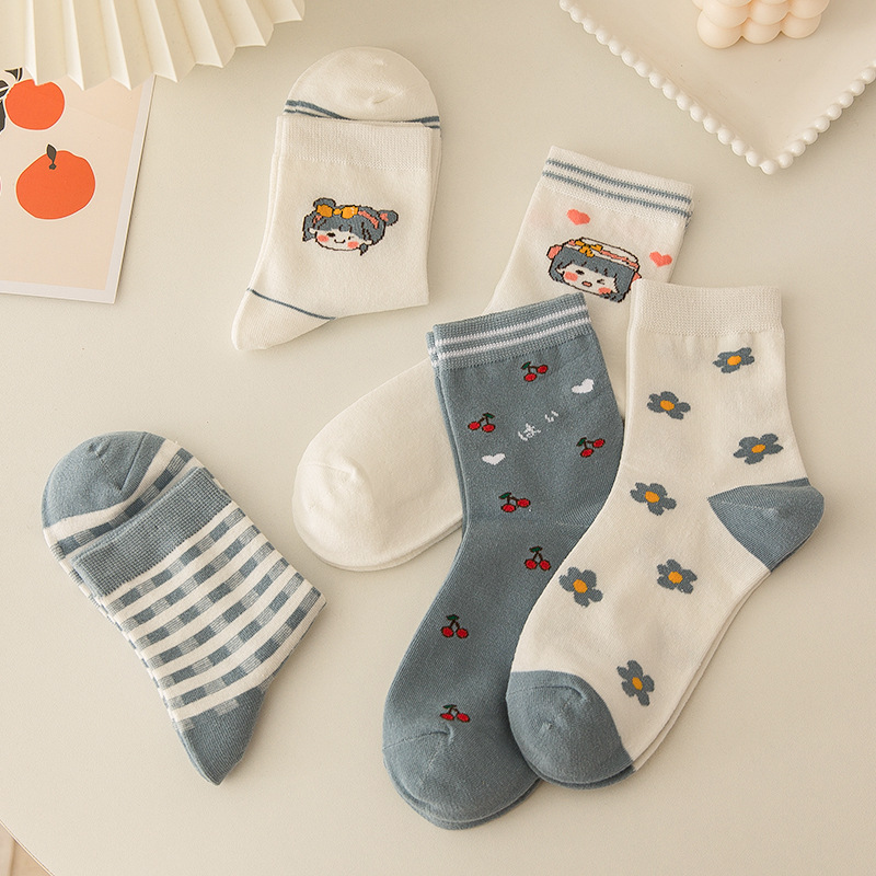 Tất vớ nữ cổ cao - tất nữ cổ cotton cổ cao hoạ tiết xanh dương cherry phong cách Hàn Quốc dễ thương