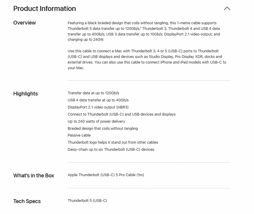 Apple Thunderbolt 5 (USB‑C) Pro Cable (1 m) Thunderbolt 4 Cables