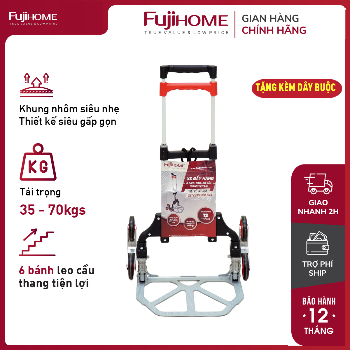 Xe đẩy leo cầu thang 6 bánh rút gọn Nhập Khẩu FUJIHOME CC-675, xe kéo hàng xe xếp gọn đa năng chở 35kg leo cầu thang, 70kg đường bằng - Hàng chính hãng bảo hành 1 năm