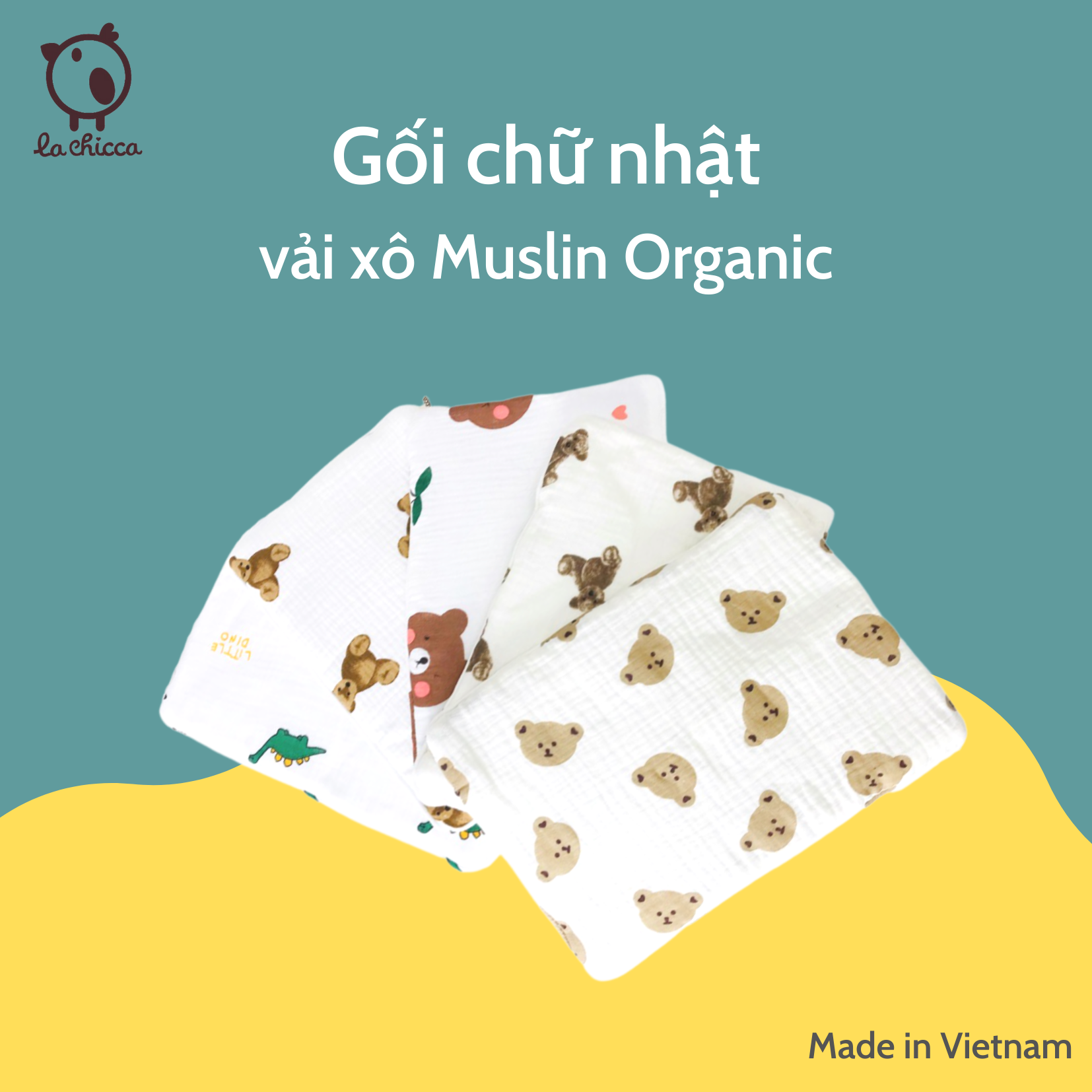 Gối chữ nhật cho bé vải xô Muslin made in Vietnam
