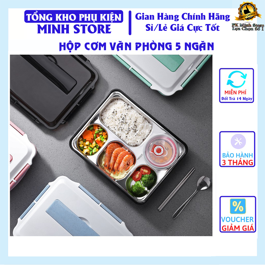 Hộp cơm văn phòng giữ nhiệt kèm cốc canh và bộ đũa thìa - Khay đựng cơm mang đi làm 5 ngăn Inox cực đẹp giá rẻ