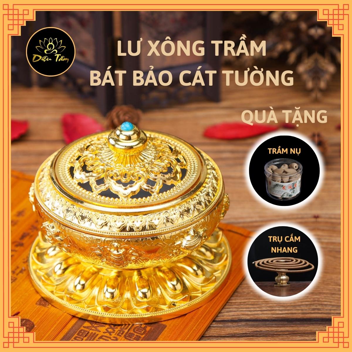 Lư xông trầm hương mật tông khắc hình bát bảo cát tường, tặng kèm một hộp trầm nụ và 1 trụ cắm nhang vòng