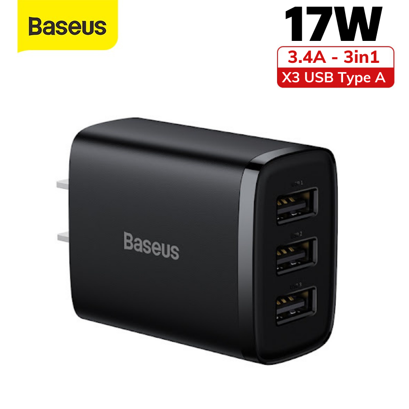 Cục sạc 3 cổng sạc - Củ sạc chính hãng Baseus Compact 17W siêu bền an toàn bảo vệ pin cho iphone samsung xiaomi ..