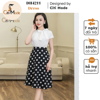 Đầm công sở CITI MODE FASHION thiết kế dáng xoè trắng đính nơ phối chân váy chấm bi đen DH4211
