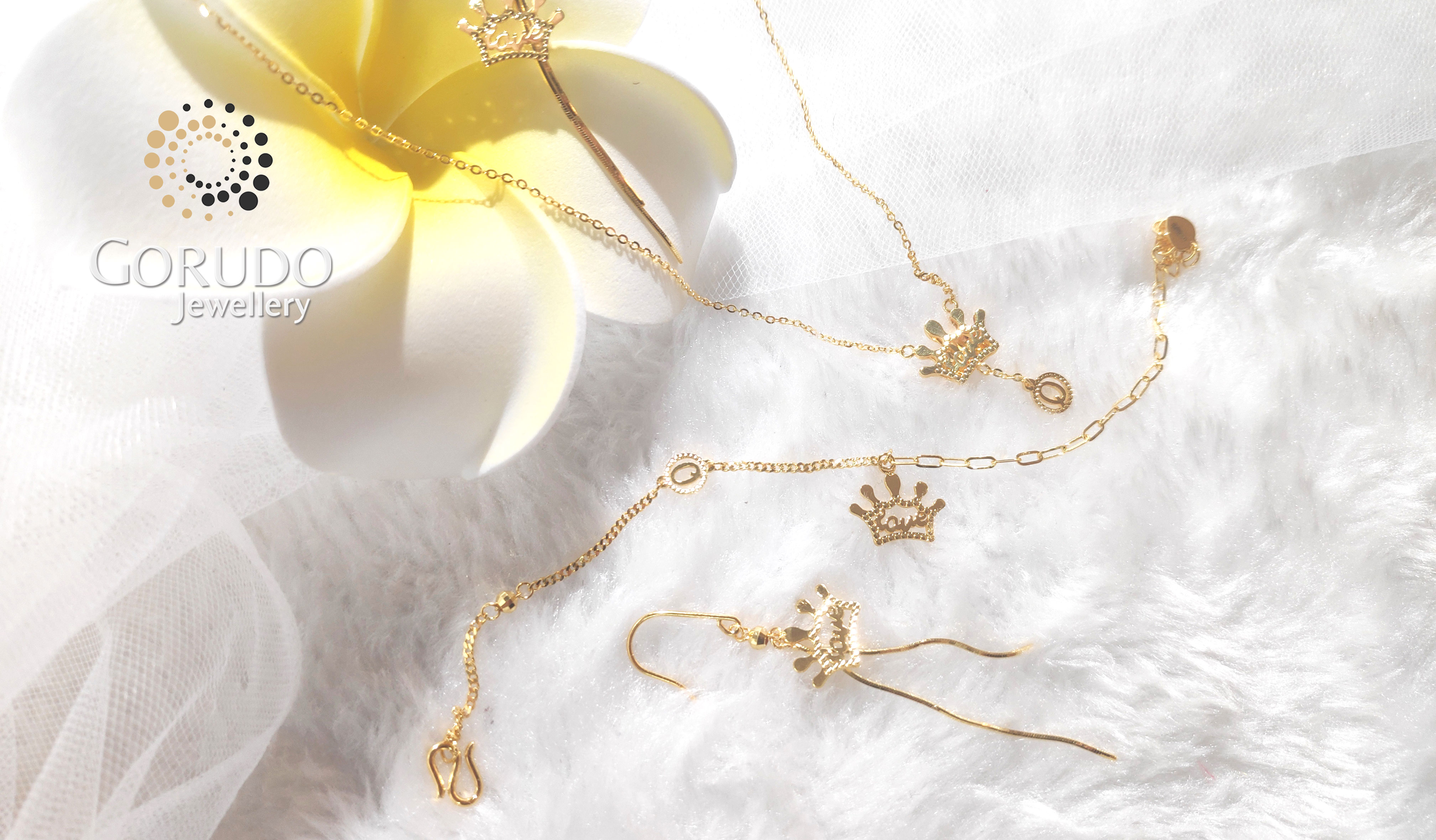 Gorudo Jewellery Pendente a forma di corona d'amore in oro puro 999 con catena + bracciale + orecchino (set di gioielli)