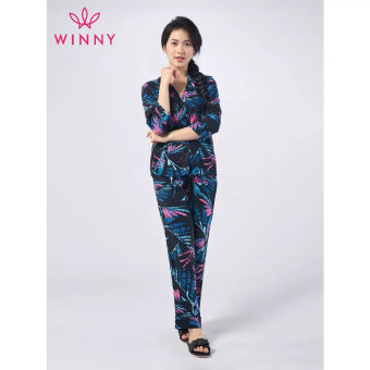 WINNY - Bộ đồ lanh  tay lỡ quần dài mặc nhà họa tiết lá 2MNLA23008L