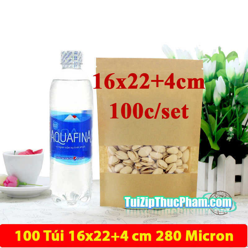 100 cái túi zip MIS size 16x22cm đựng 300g bột mịn Túi giấy kraft vàng có cửa sổ, túi giấy đựng thực phẩm có zipper chất lượng cao