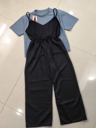 Sét Bộ Jum 2 Dây Cổ Yếm Quần Dài Ống Rộng & Áo Thun COTTON Phong Cách Cá Tính.Qc