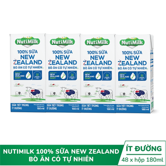 Lốc 4 Hộp 100% sữa New Zealand bò ăn cỏ tự nhiên ít đường 180ml