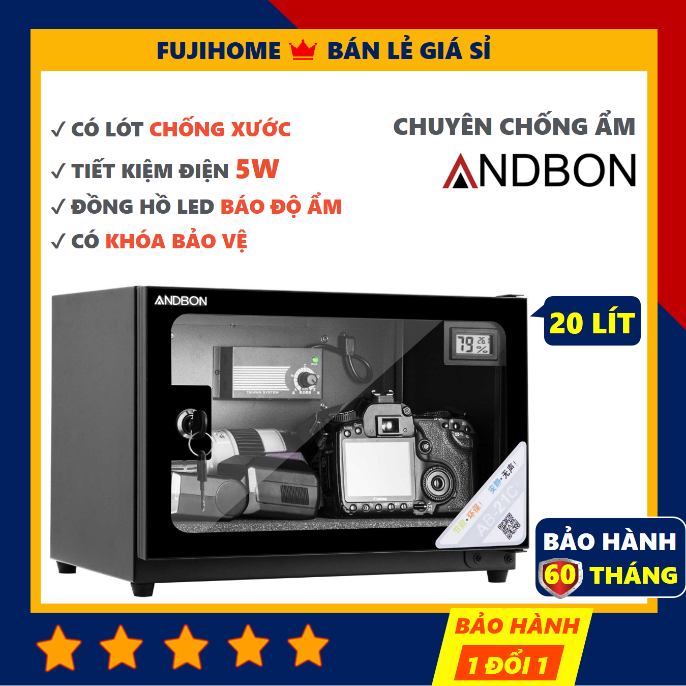 Tủ chống ẩm máy ảnh 20 lít Andbon AB-21C hộp hút chống ẩm đựng máy ảnh 20l đồng hồ LED giá rẻ tiết kiệm điện