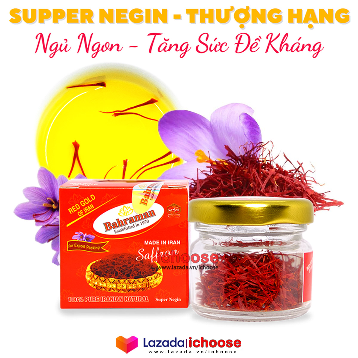Saffron nhụy hoa nghệ tây bahraman tây á giúp ngủ ngon làm đẹp da, ngâm mật ong tăng sức đề kháng loại super negin hộp 1 gram