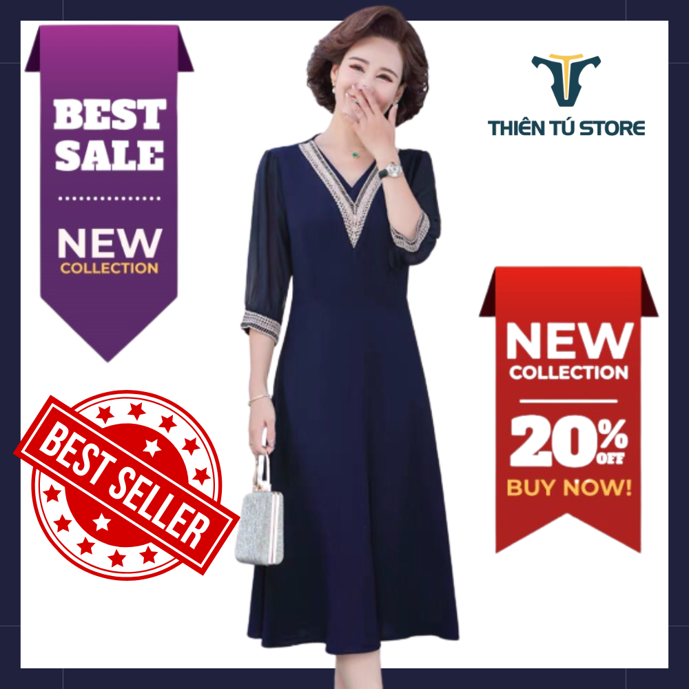 Váy đầm nữ trung niên sang trọng , váy voan trung niên tay lỡ ,váy đi tiệc trung niên kiểu suông dài qua gối , hàng chính hãng Thientustore Thi.01786 , mẫu thiết kế mới không họa tiết cho tuổi trung niên mặc rất đẹp ,hiện đại