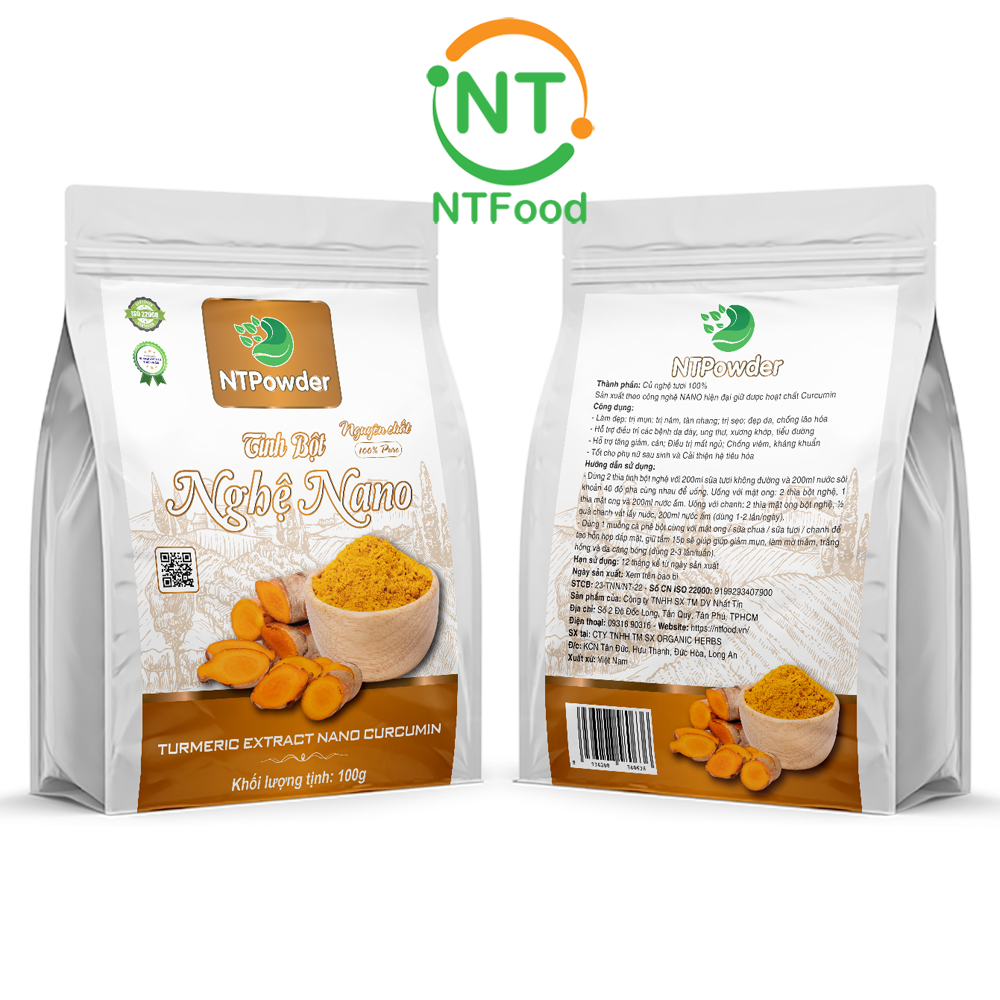 Tinh Bột Nghệ Nano Curcumin sấy lạnh nguyên chất NTPOWDER (100gr / túi zipper) - Hỗ trợ dạ dày, gan, Tốt cho phụ nữa sau sinh, Ngăn ngừa mụn, làm đẹp da - Nhất Tín Food