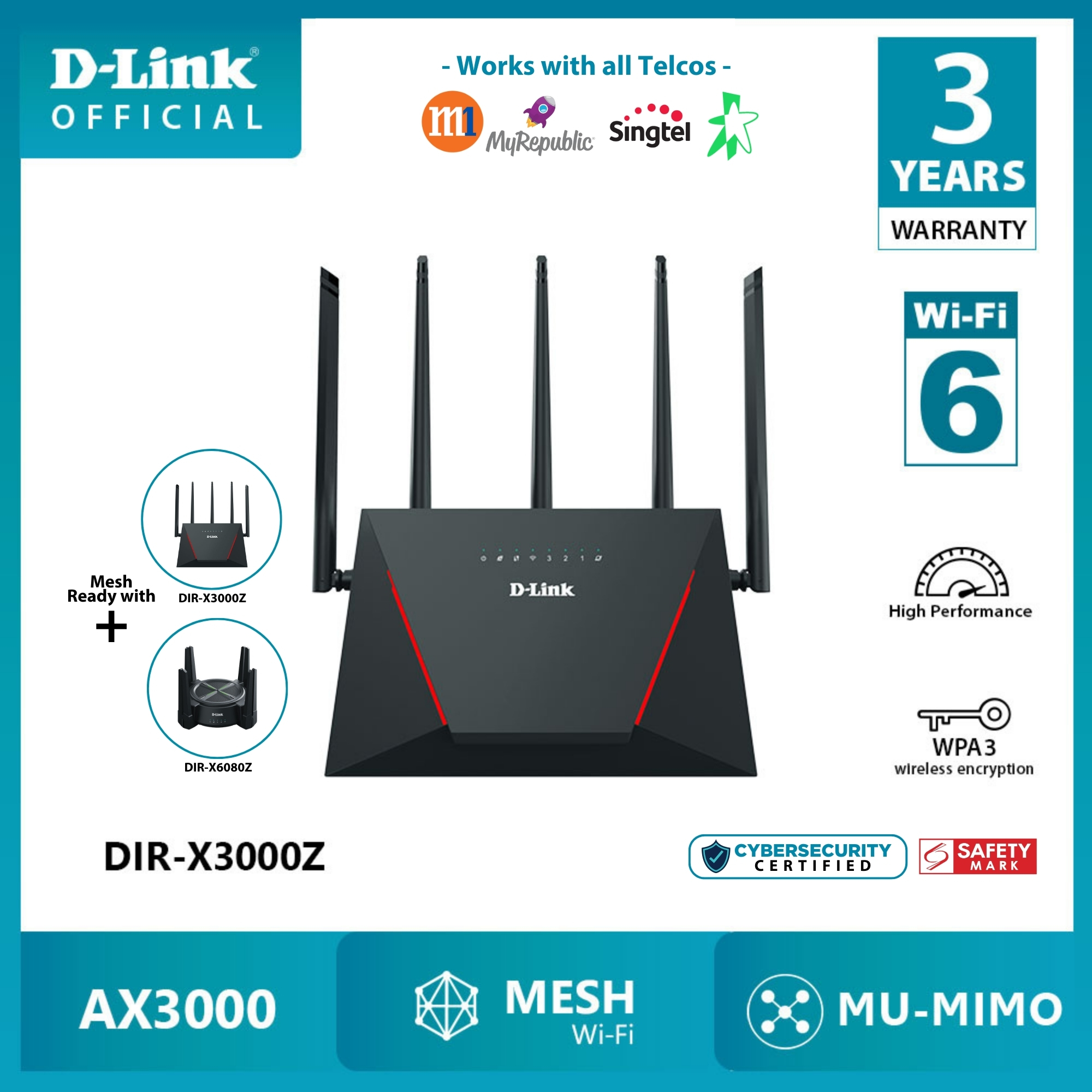 D-Link DIR-X3000Z AX3000 Wi-Fi 6 Gigabit Mesh Rout...