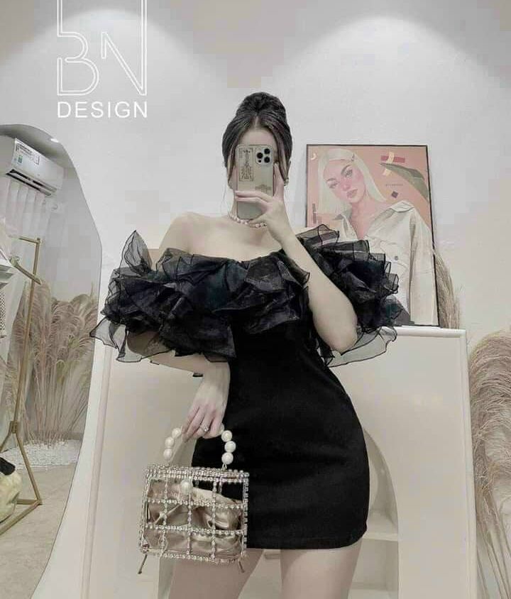 [Mẫu Mới]Đầm Nữ Thiết Kế Tiểu Thư Dự Tiệc Trễ Vai Chất Liệu Umi Phối Voan Kiếng Dày Dặng Thời Trang HARI