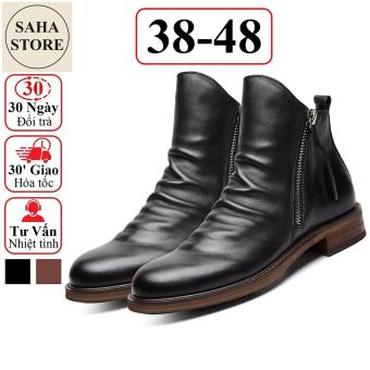 Giày nam cao cổ da nhăn khóa kéo SAHA106 boost bigsize lớn 48 47 46 45 giầy boot tăng chiều 6p bốt độn đế 6cm