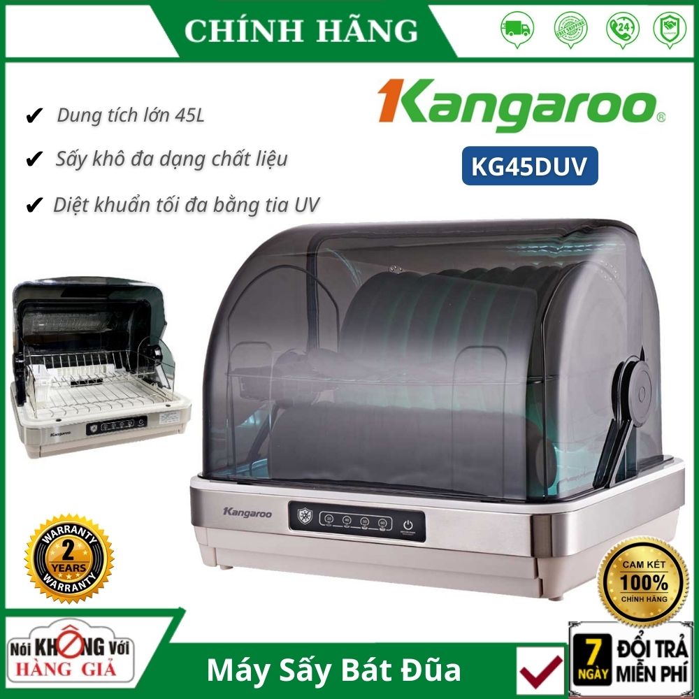 Máy Sấy Bát Đũa Kangaroo KG45DUV - Tủ Sấy Khô Chén Đĩa Tiệt Trùng Khử Khuẩn Bằng Tia UV Đến 999% Bảo