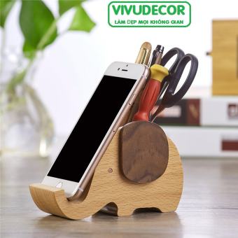 Giá Đỡ Điện Thoại Để Bàn Vivudecor Chú Voi Dễ Thương - Giá Để Smartphone Xem Phim Chống Trượt  Và Các Đồ Dùng Văn Phòng, Chất Liệu Gỗ Cao Su Tự Nhiên