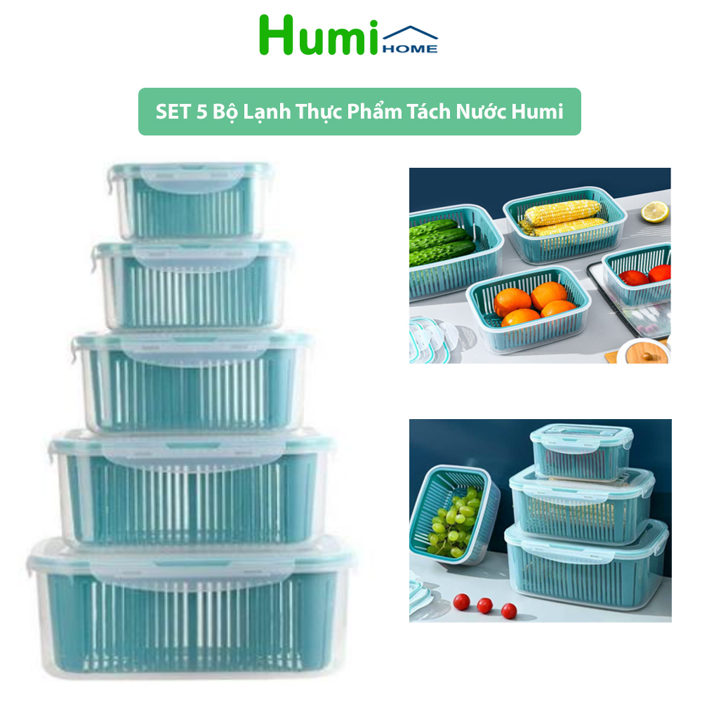 Set 5 Hộp Đựng Thực Phẩm 2 Lớp Tách Nước Dạng Rổ Ráo Nước, Hộp Đựng Thực Phẩm Bảo Quản Tủ Lạnh Đa Năng